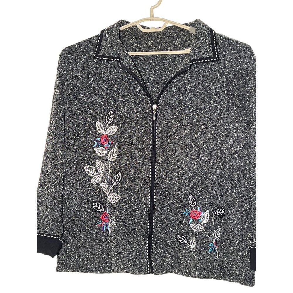 T & Company Jackets & Coats 2X Textured Zip Front Floral Embroidery Stretch